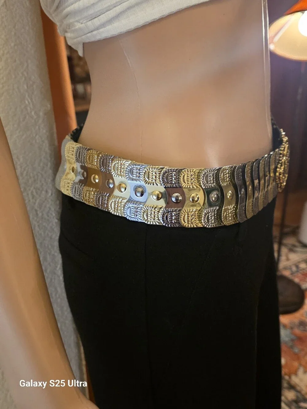 Vintage Ornate Mixed Metal Elastic Stretch Belt - Gold & Silver Filigree